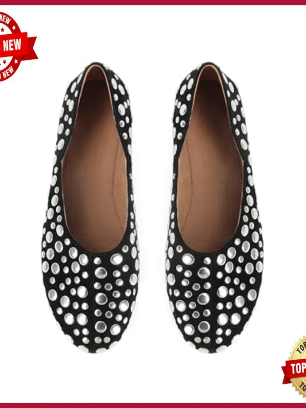 Studded Faux Suede Ballet Flats Slip On Round Toe Comfortable Office Casual